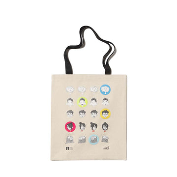 Beige tote bag with illustrated faces and icons the characted from Laika Animation Studio on a white background